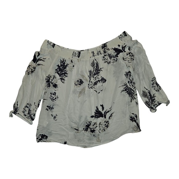Lucky Brand Crop Top Women's Large Off Shoulder 3/4 Sleeve White Floral Viscose - Picture 6 of 7
